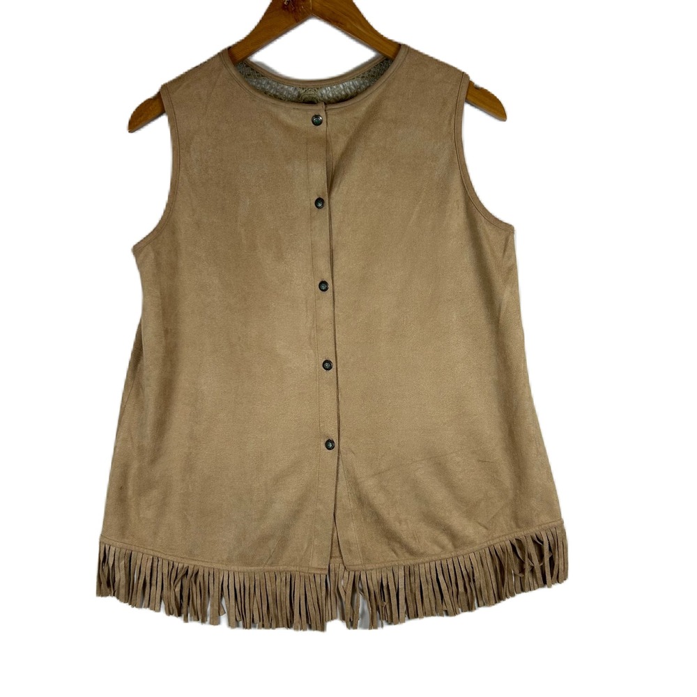Tasha Polizzi‎ Tan Faux Suede Fringe Tank Top Crochet Lace Back Western Small